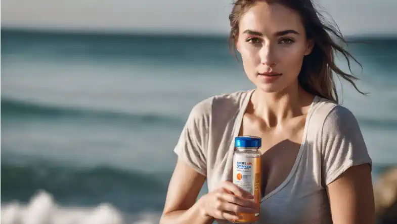 A woman in pain after massaging her shin cramp while holding a bottle of vitamins she takes not very successfully for leg cramping relief.