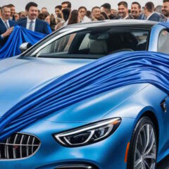 A wonderful silk-looking car reveal cover is seen during a new car reveal ceremony.