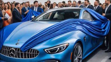 A wonderful silk-looking car reveal cover is seen during a new car reveal ceremony.