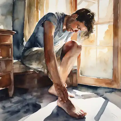 Watercolour of a man rubbing his leg cramp.