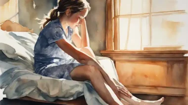 A woman on a bed rubbing her cramping leg