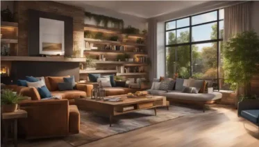 A cosy living room designed in a Minescape style.