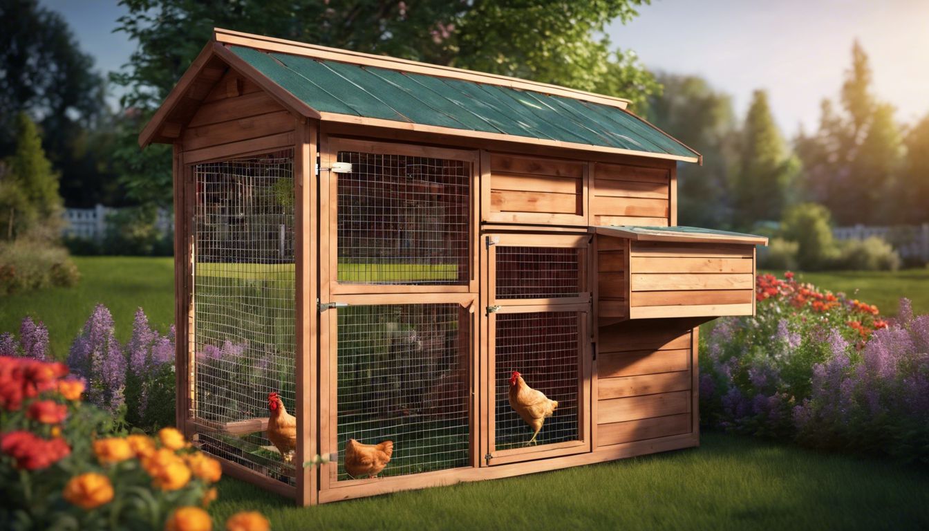 A rustic wooden chicken coop with a fenced enclosure in a backyard garden setting.