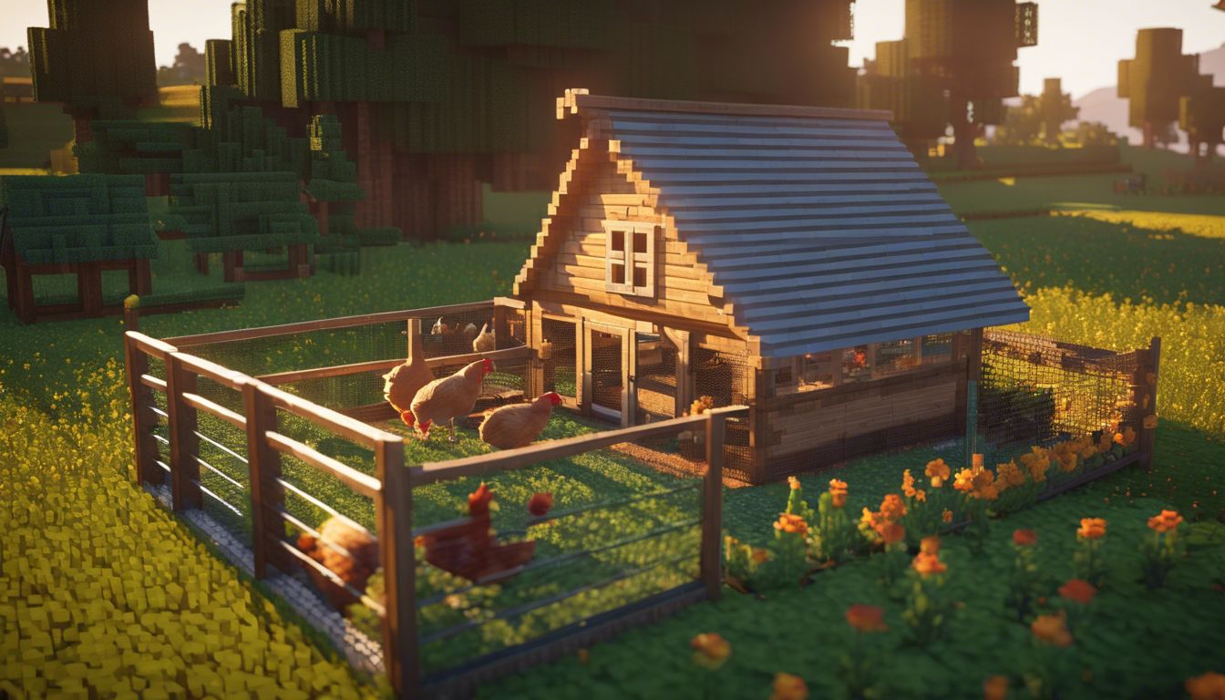 A well-built semi-automatic chicken coop in a Minecraft farm with protective fencing and feeding hoppers.