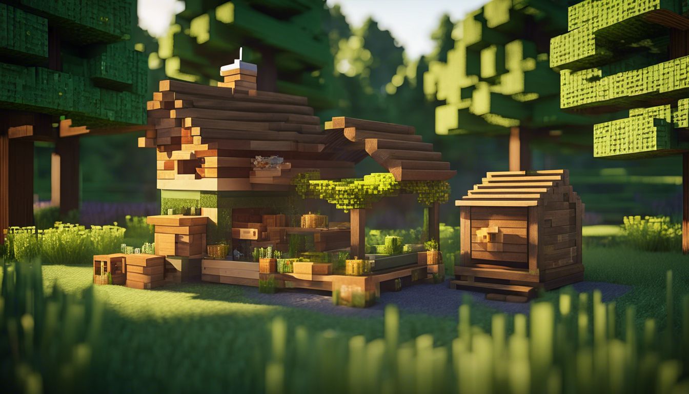 'A Minecraft chicken coop with automated features in a serene setting.'