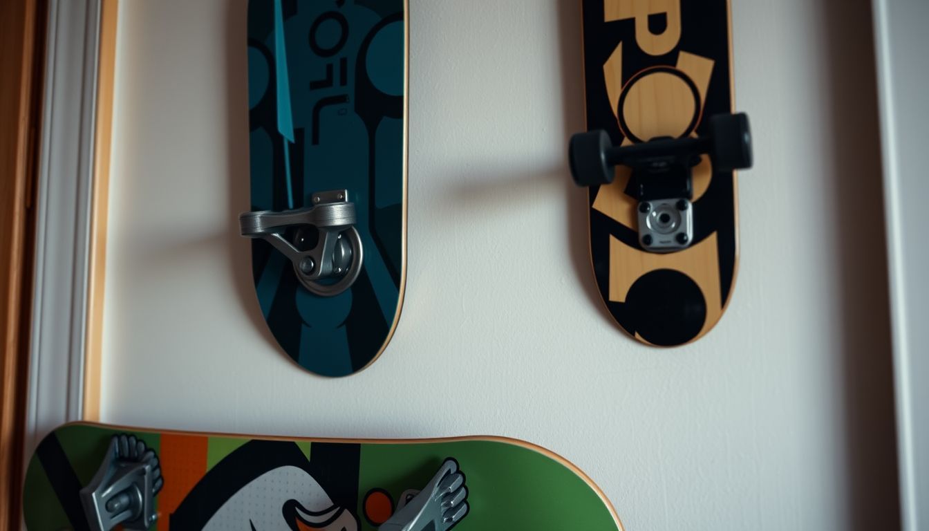 The image depicts three stylish skateboard wall mount racks in a home.