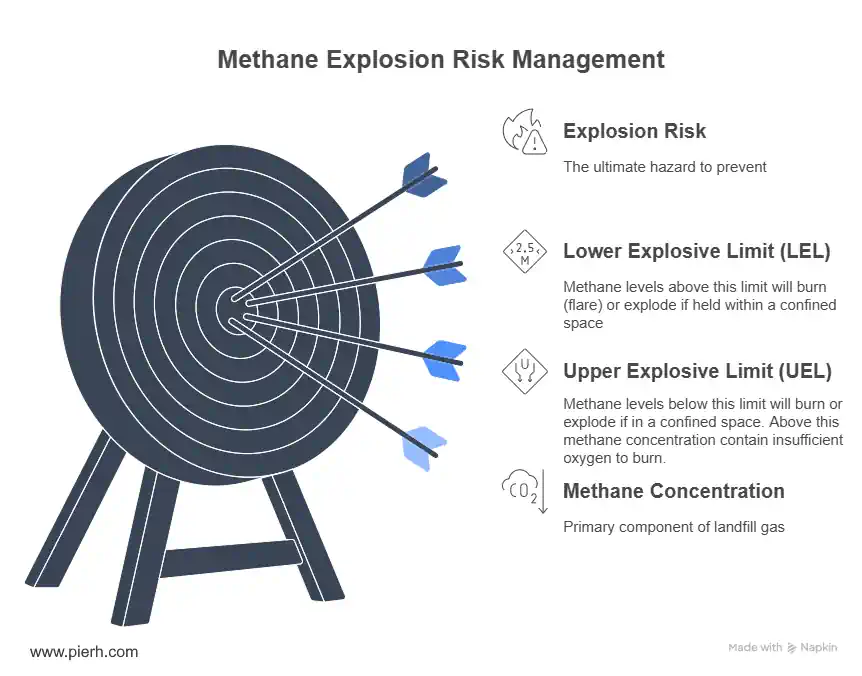 Risks of Landfill Gas - target infographic. Landfill Gas Hazards