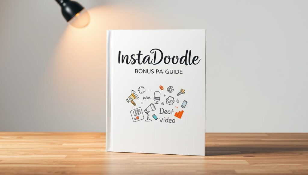 A sleek, minimalist white booklet with the title "InstaDoodle Bonus Package Guide" displayed in bold, elegant typography. The cover features a hand-drawn doodle illustration in a vibrant, playful style, showcasing various video elements like a camera, microphone, and stylus. The booklet is positioned on a wooden surface, with a subtle spotlight creating warm, directional lighting that casts soft shadows. The background is a clean, light-colored studio setup, providing a professional and inviting atmosphere. The overall composition conveys a sense of informative guidance and creative inspiration for the InstaDoodle software.