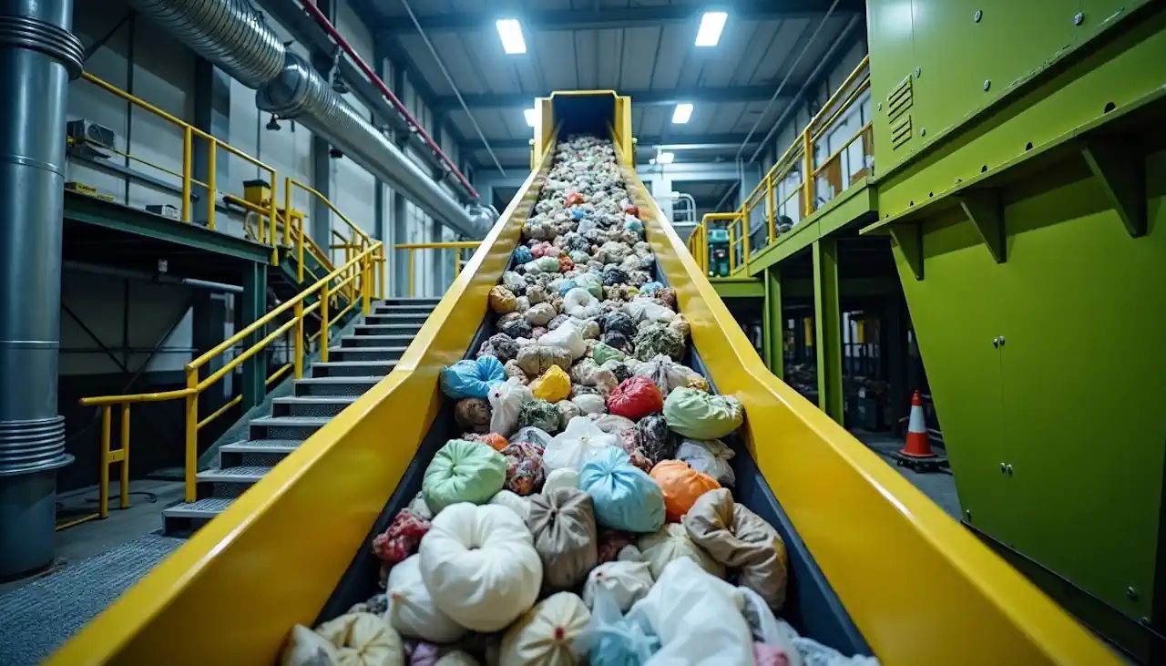 Shred-Tech's MRF conveyor with mixed waste that has a lot of plastic to remove during depackaging.