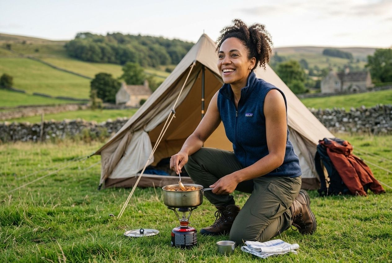 A happy camper cooking a satisfying meal on a small portable stove outside their tent in the countryside. A happy camper cooking a satisfying meal on a small portable stove outside their tent in the countryside.