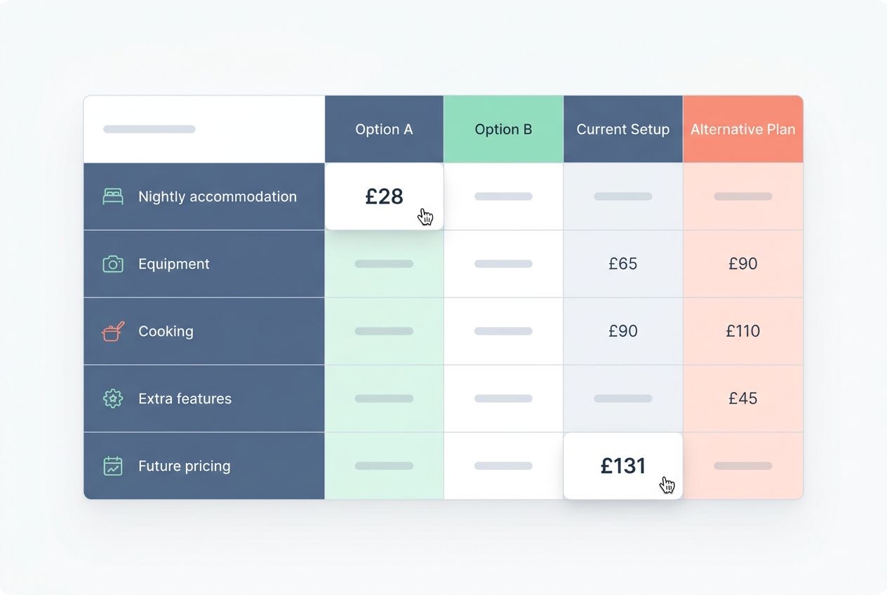 A digital comparison table outlining the cost factors between camping and glamping, including nightly rates. A digital comparison table outlining the cost factors between camping and glamping, including nightly rates.