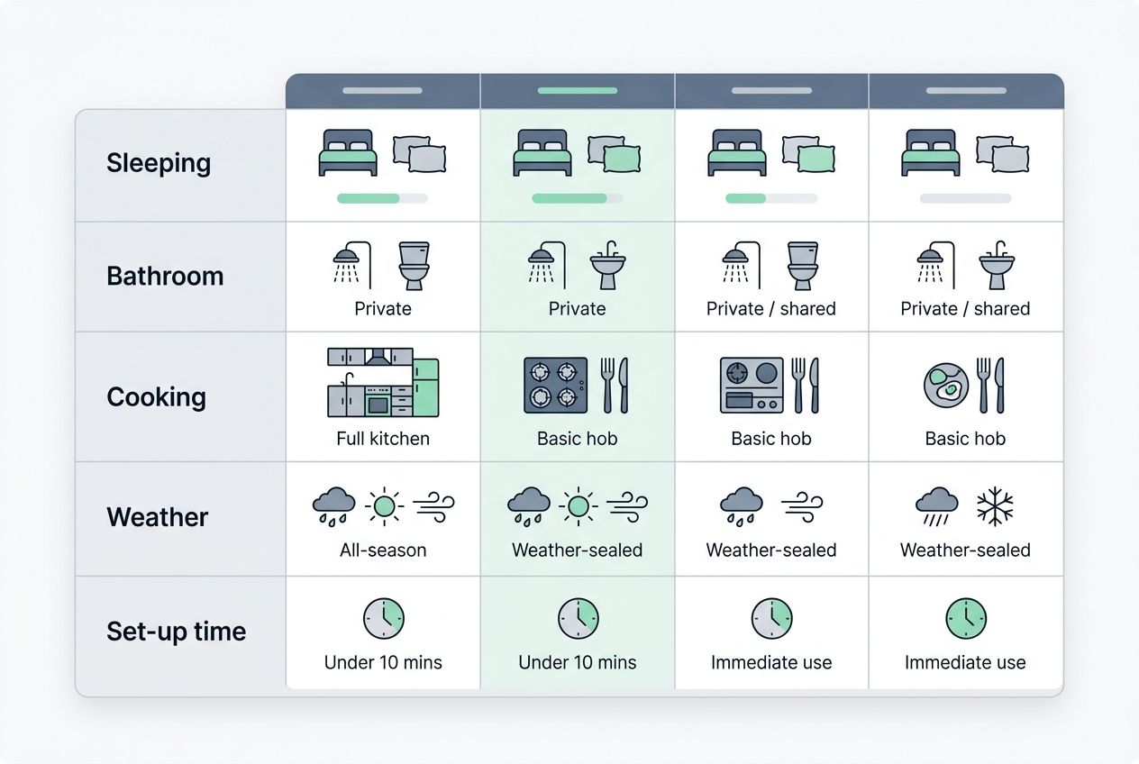 A detailed chart comparing the comfort, sleeping, and bathroom amenities of camping versus glamping. A detailed chart comparing the comfort, sleeping, and bathroom amenities of camping versus glamping.