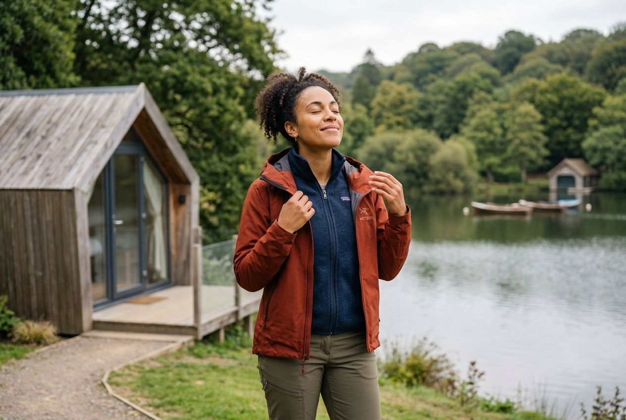A person enjoying the fresh air and natural surroundings near a luxury glamping pod by a lake. A person enjoying the fresh air and natural surroundings near a luxury glamping pod by a lake.