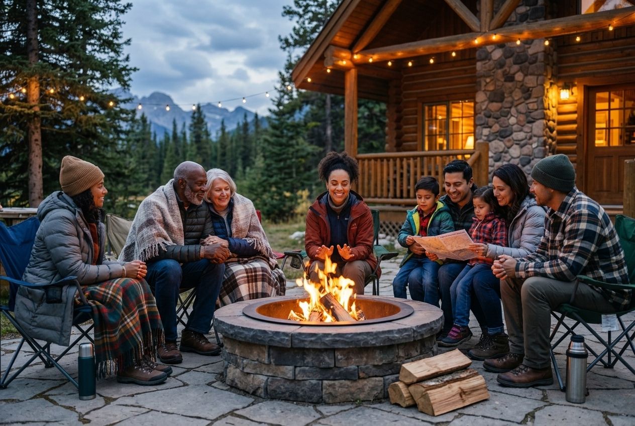 A diverse group of friends relaxing safely around an outdoor fire pit outside a camping cabin in the evening. A diverse group of friends relaxing safely around an outdoor fire pit outside a camping cabin in the evening.