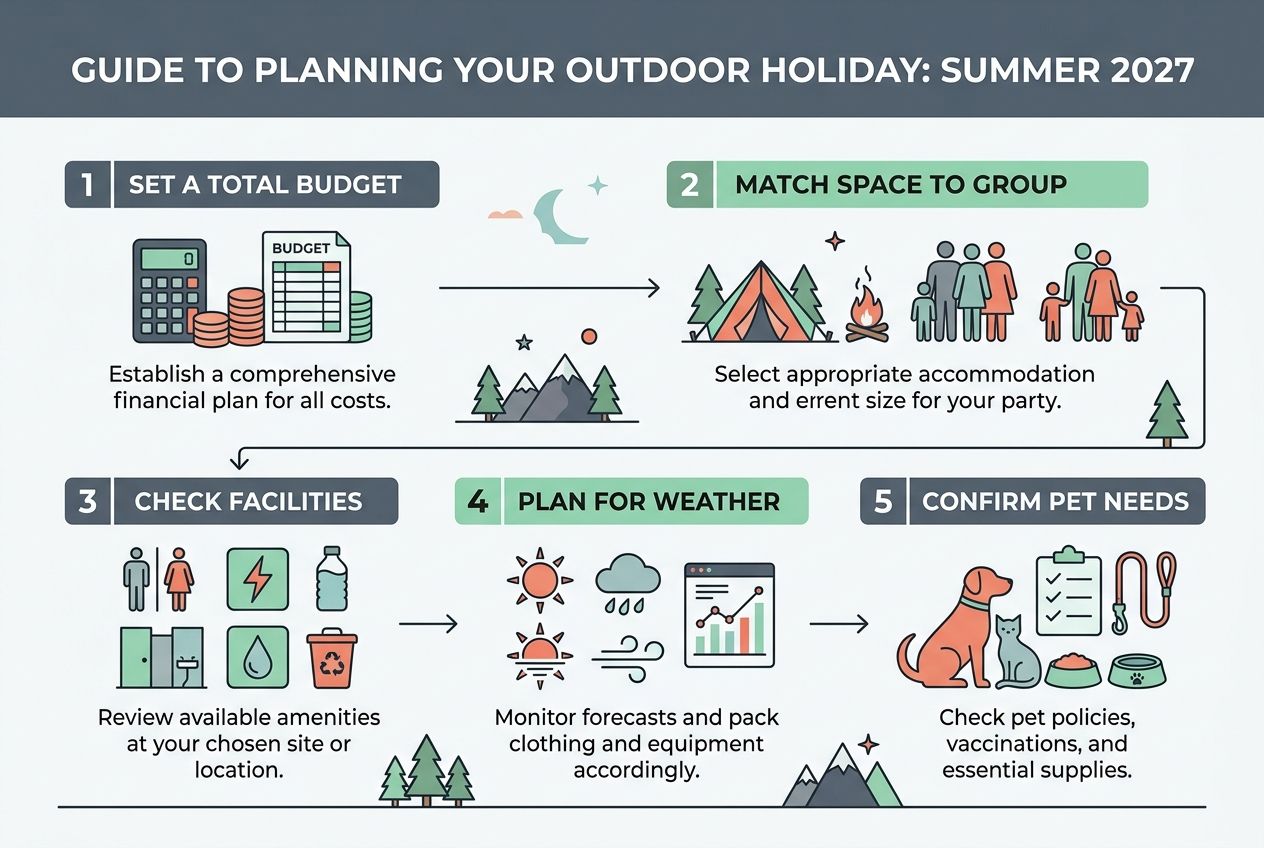 An infographic detailing the key factors to consider when planning an outdoor summer holiday, such as budget and weather. An infographic detailing the key factors to consider when planning an outdoor summer holiday, such as budget and weather.